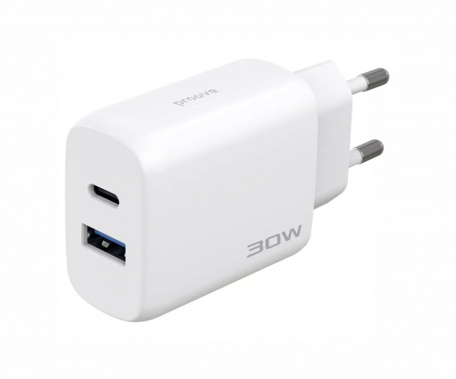 СЗУ Proove Silicone Power 2 30W (Type-C + USB) + Cable Type-C to Type-C (1m) (white)